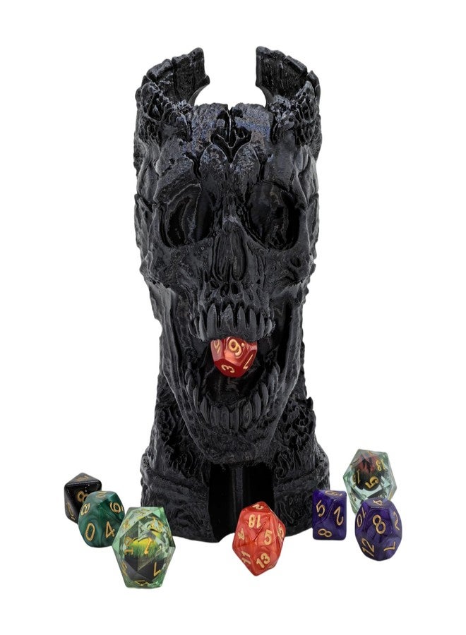 XJPONGC Dark Skull Dice Tower Dungeons and Dragons RPG abletop Roleplaying Game Jail D&D (Random 7PCS D20 Dice Set Included) Black - Image 1